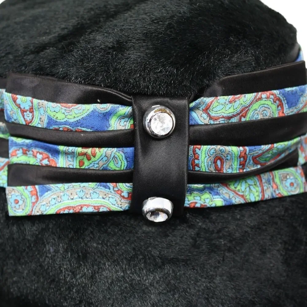 Vintage Black Plush Bucket Hat w Paisley Black Satin Trim and Bow - Hey Viv